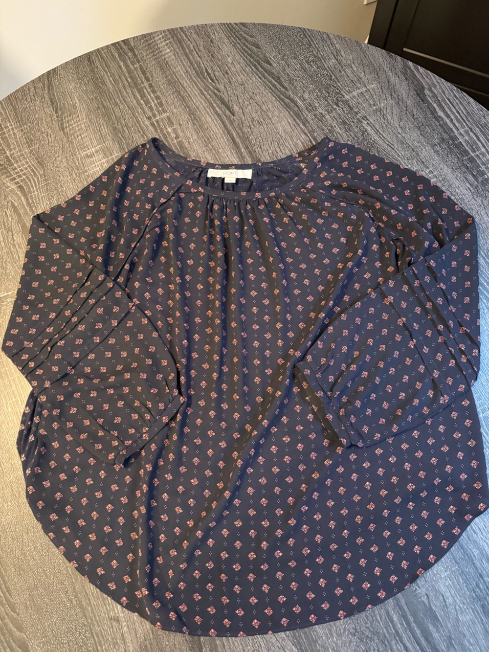 LOFT Navy Blouse with Pink Diamond Floral Print